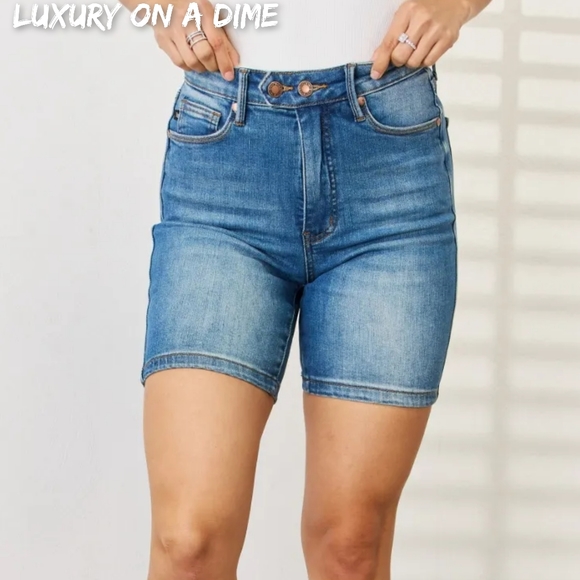 Judy Blue Tummy Control High Rise Retro Double Button Waist Denim Jean Shorts - Picture 3 of 13